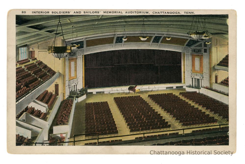 historical postcard shows interior of memorial auditorium
