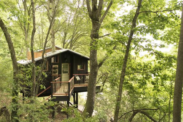 Exterior photo of the Elements Treehouse from Treetop Hideaways with Ruby Falls on Lookout Mountain