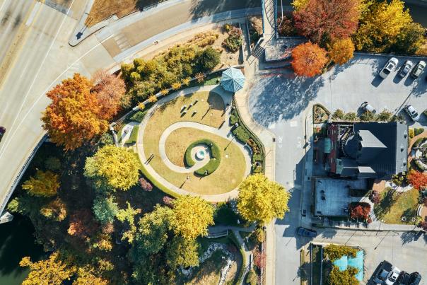 Aerial photo of the sculpture gardens in bluff view arts district