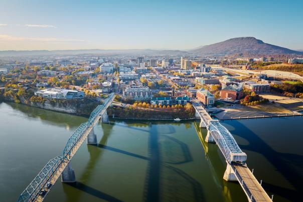 Aerial of dowtnwon riverfront with two bridges and lookout mountain