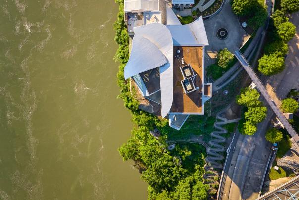 aerial image of the riverwalk snaking up the hill to Hunter Museum of American Art